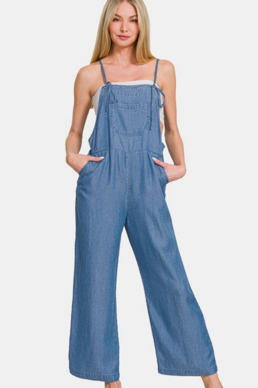 Washed Adjustable Strap Wide Leg Denim Overalls