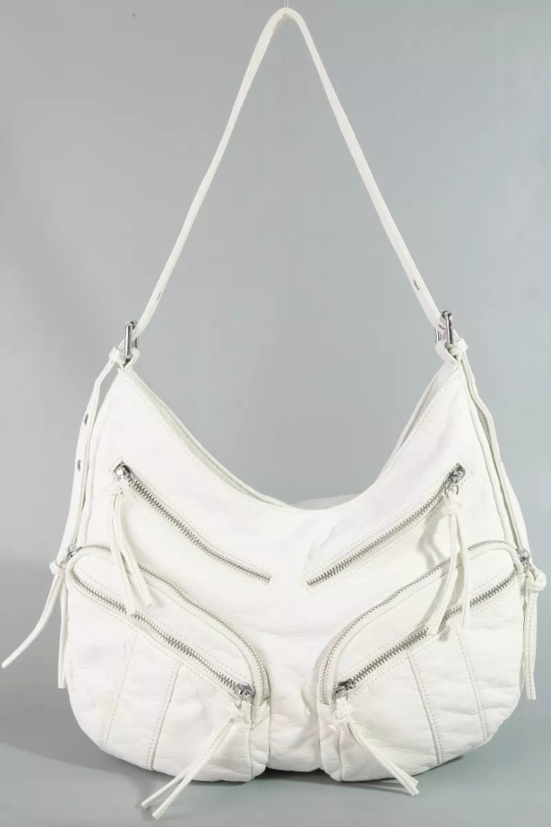 Fame Multi Zipper Pocket Leather Hobo Bag by Trendsi, stylish handbag with multiple zippered compartments and soft leather material.