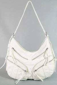 Fame Multi Zipper Pocket Leather Hobo Bag by Trendsi, stylish handbag with multiple zippered compartments and soft leather material.