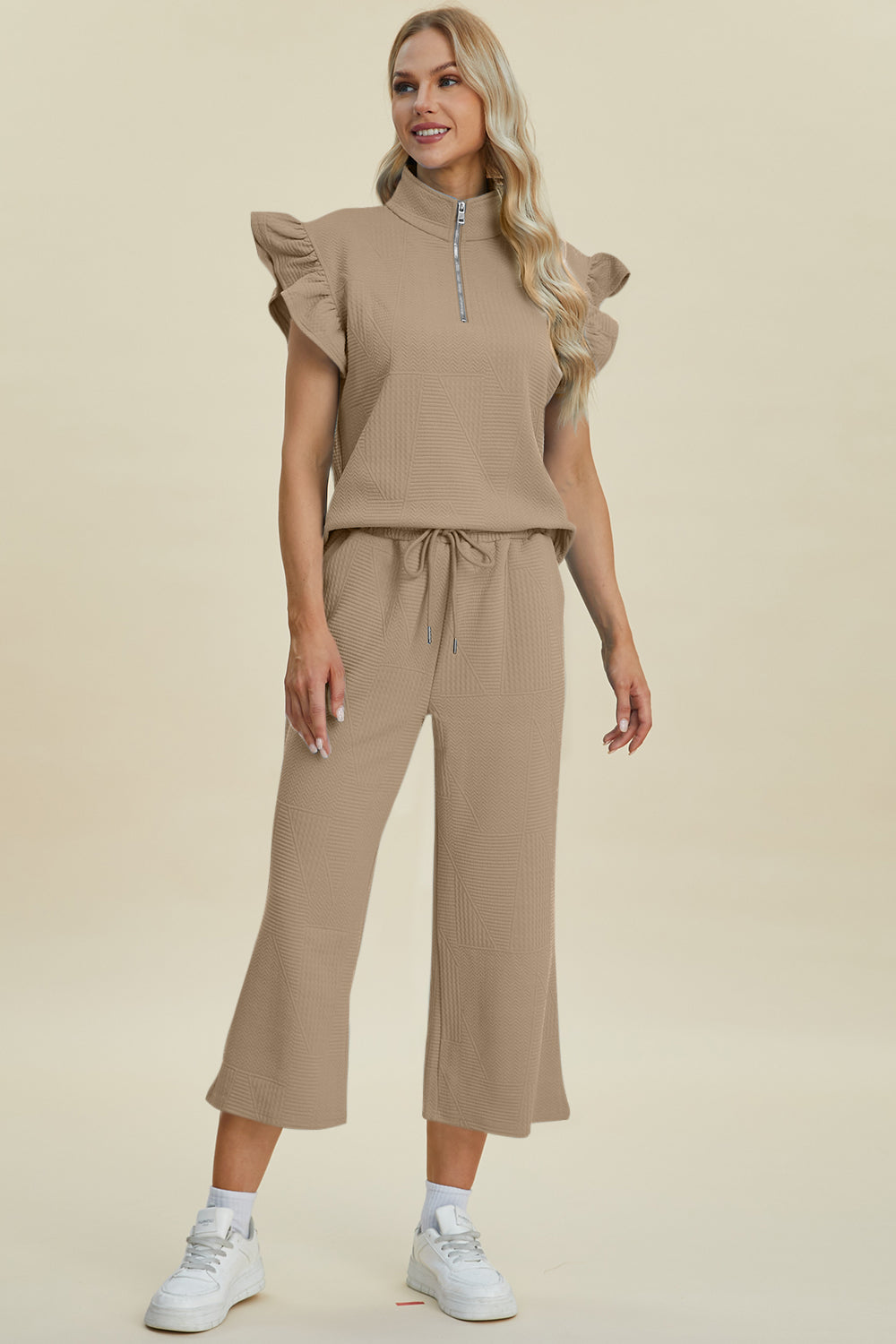 Double Take Texture Ruffle Short Sleeve Top and Wide Leg Pants Set