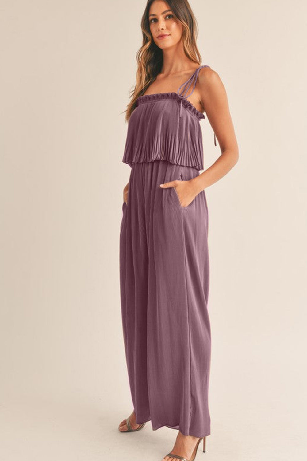 Rose Tan Solid Self Tied Straps Pleated Wide Leg Jumpsuit