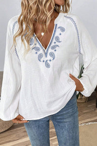 White Paisley Embroidered Crinkle Split Neck Blouse