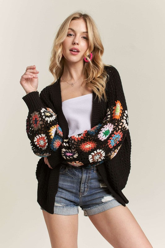 Contrast Crochet Open Front Long Sleeve Cardigan