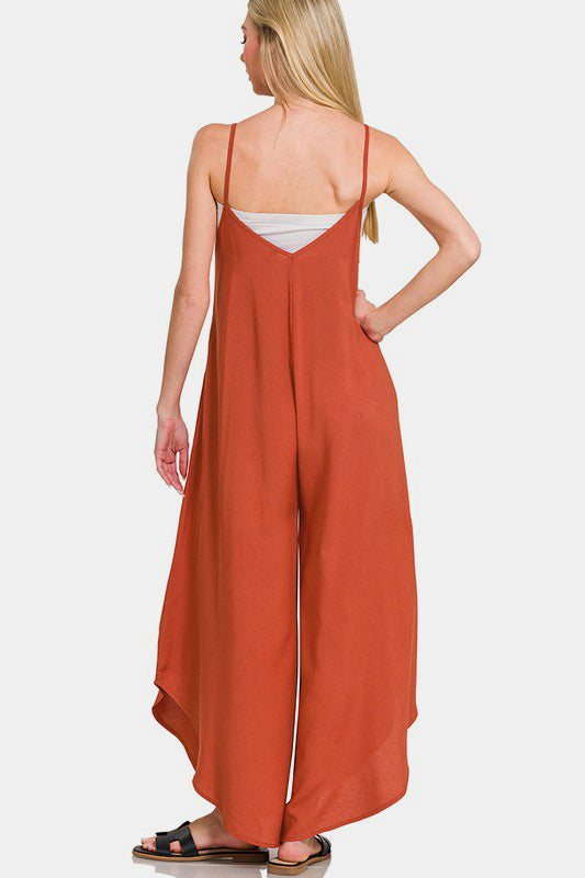 Spaghetti Strap Wide Leg Overalls with Pockets