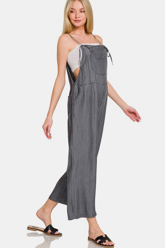 Washed Adjustable Strap Wide Leg Denim Overalls