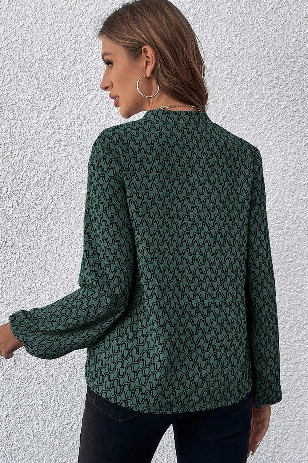 Khaki Geometric Print Notched Neck Long Sleeve Blouse