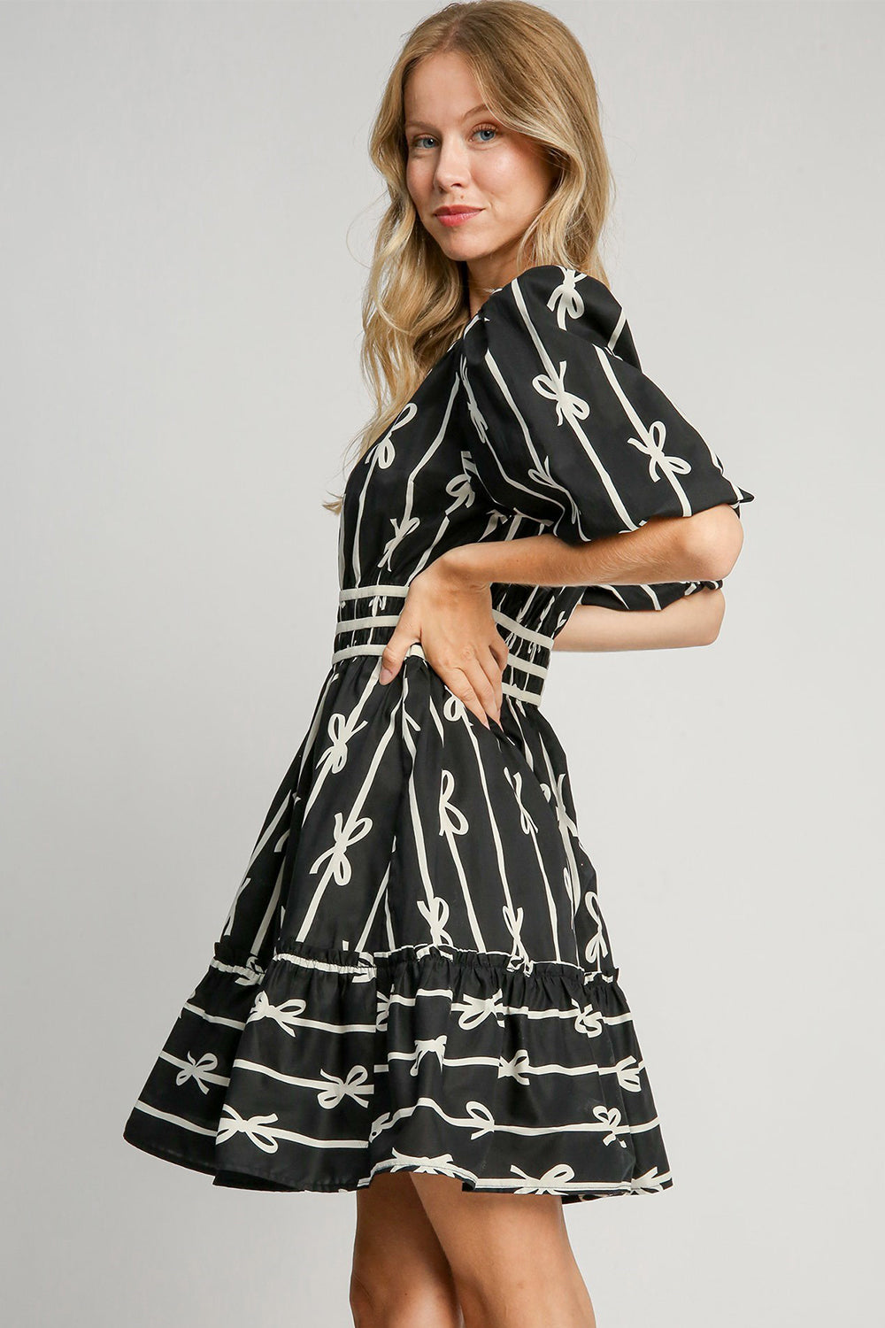 Ribbon Print Frill Contrast Velvet Trim Half Sleeve Dress