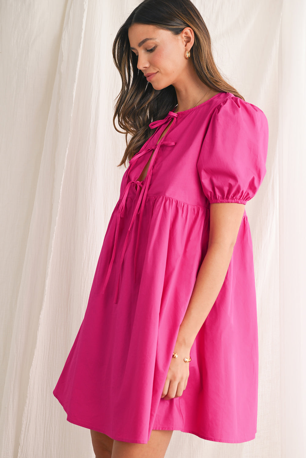 Bright Pink Tie Front Puff Sleeve Mini Dress