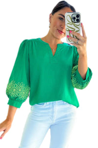 Green Floral 3/4 Sleeve Notched V Neck Blouse