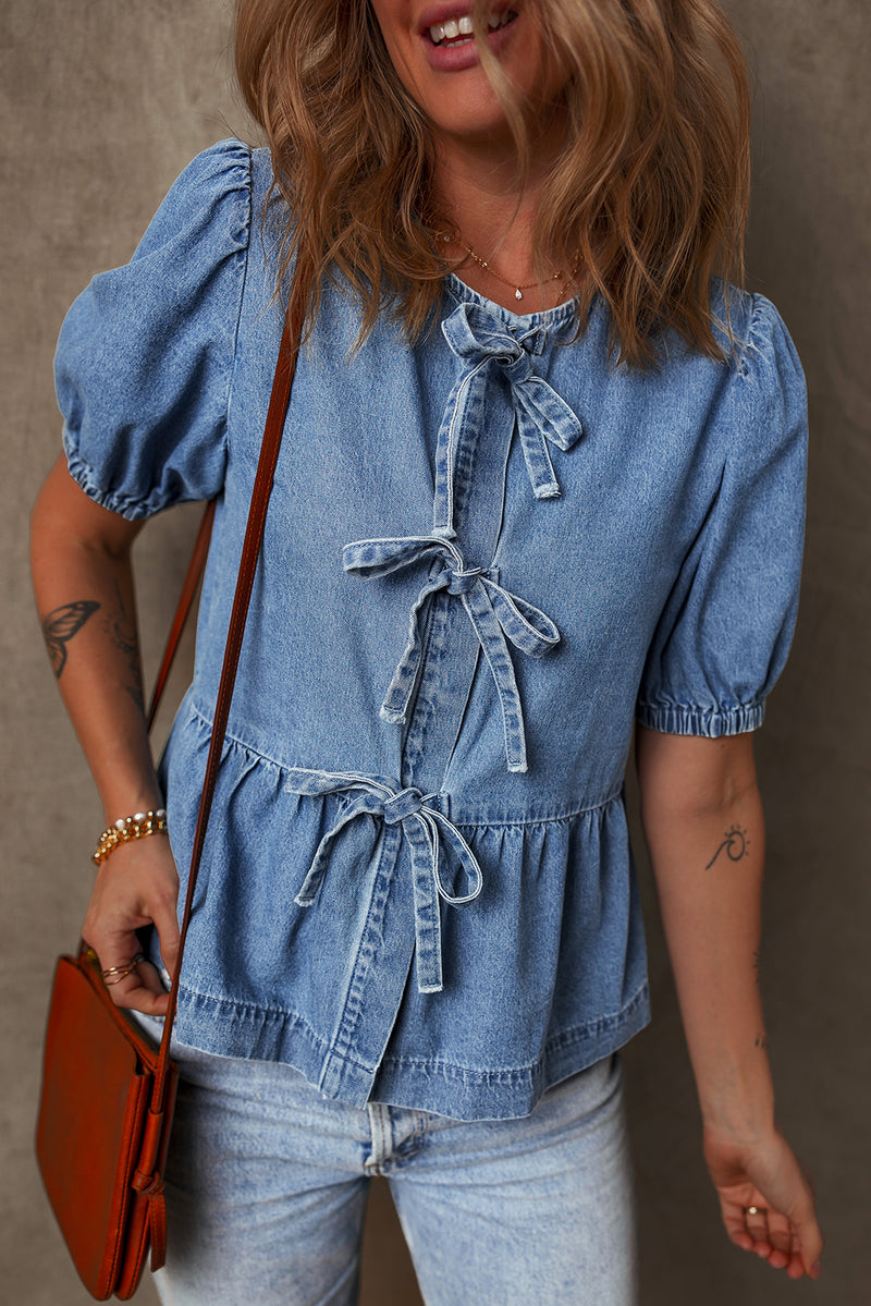 Dusk Blue Bow Tie Front Bubble Sleeve Peplum Denim Shirt