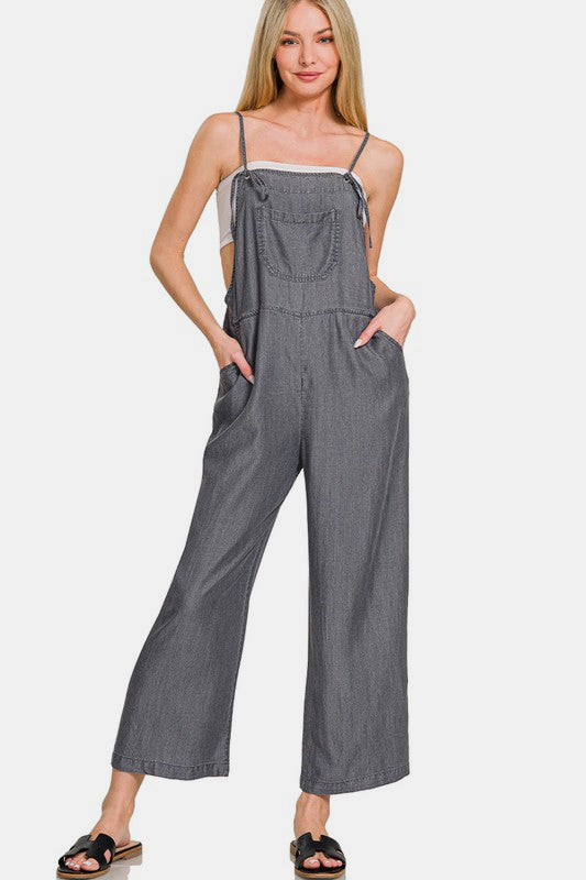 Washed Adjustable Strap Wide Leg Denim Overalls