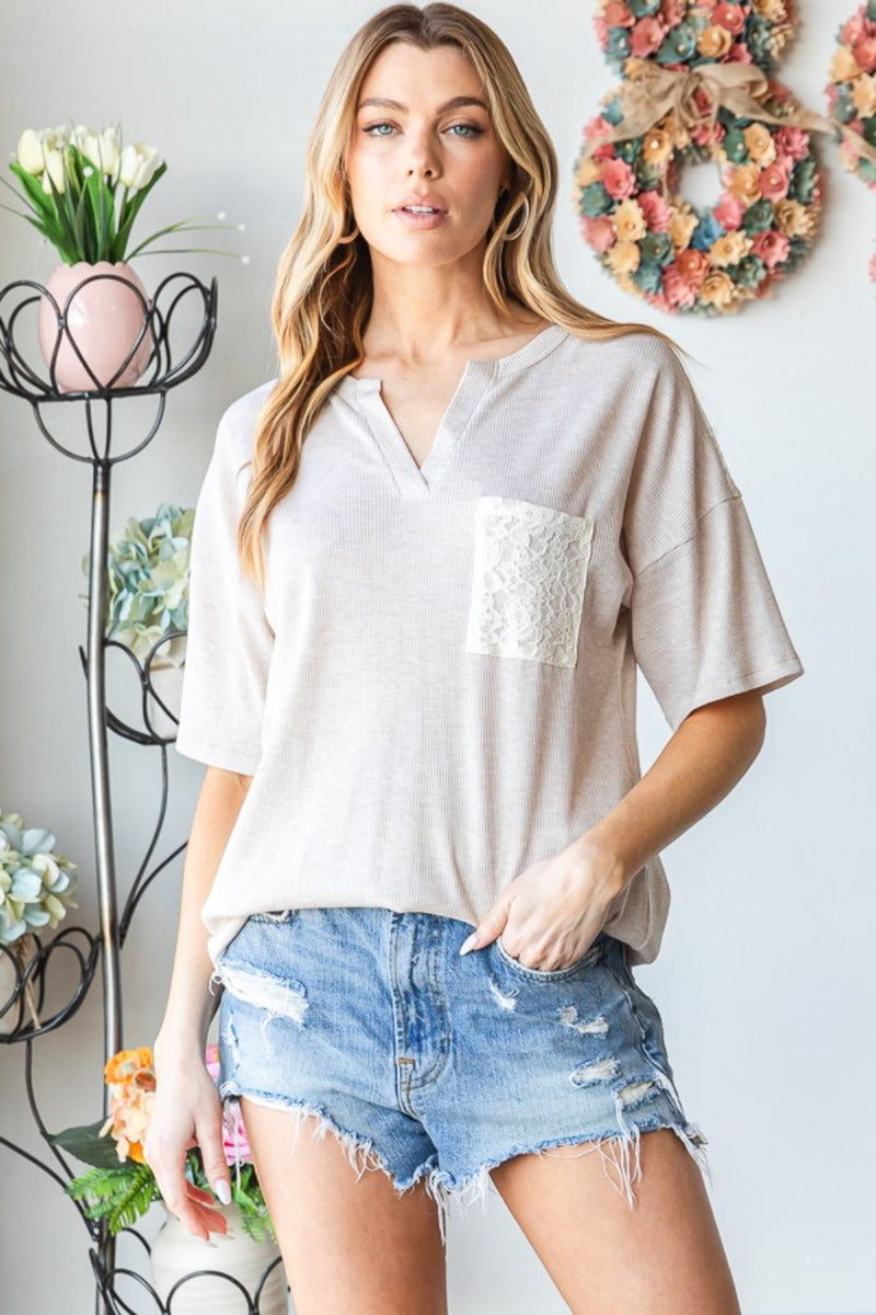 Heimish Lace Front Pocket Drop Shoulder Top