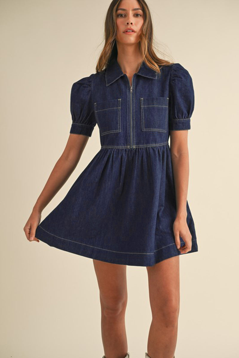 Dirty Blue Puff Sleeve Half Zipper Denim Flowy Dress