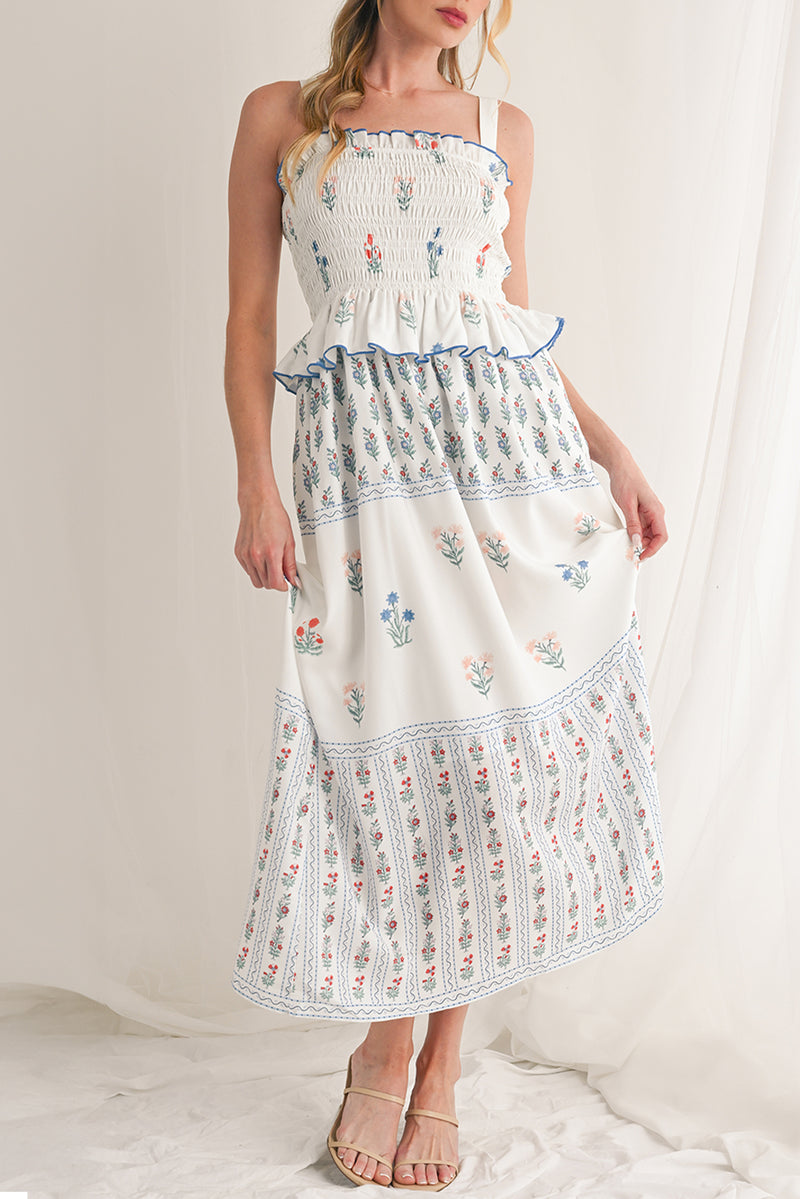 White Floral Print Frill Smocked Bodice Boho Dress