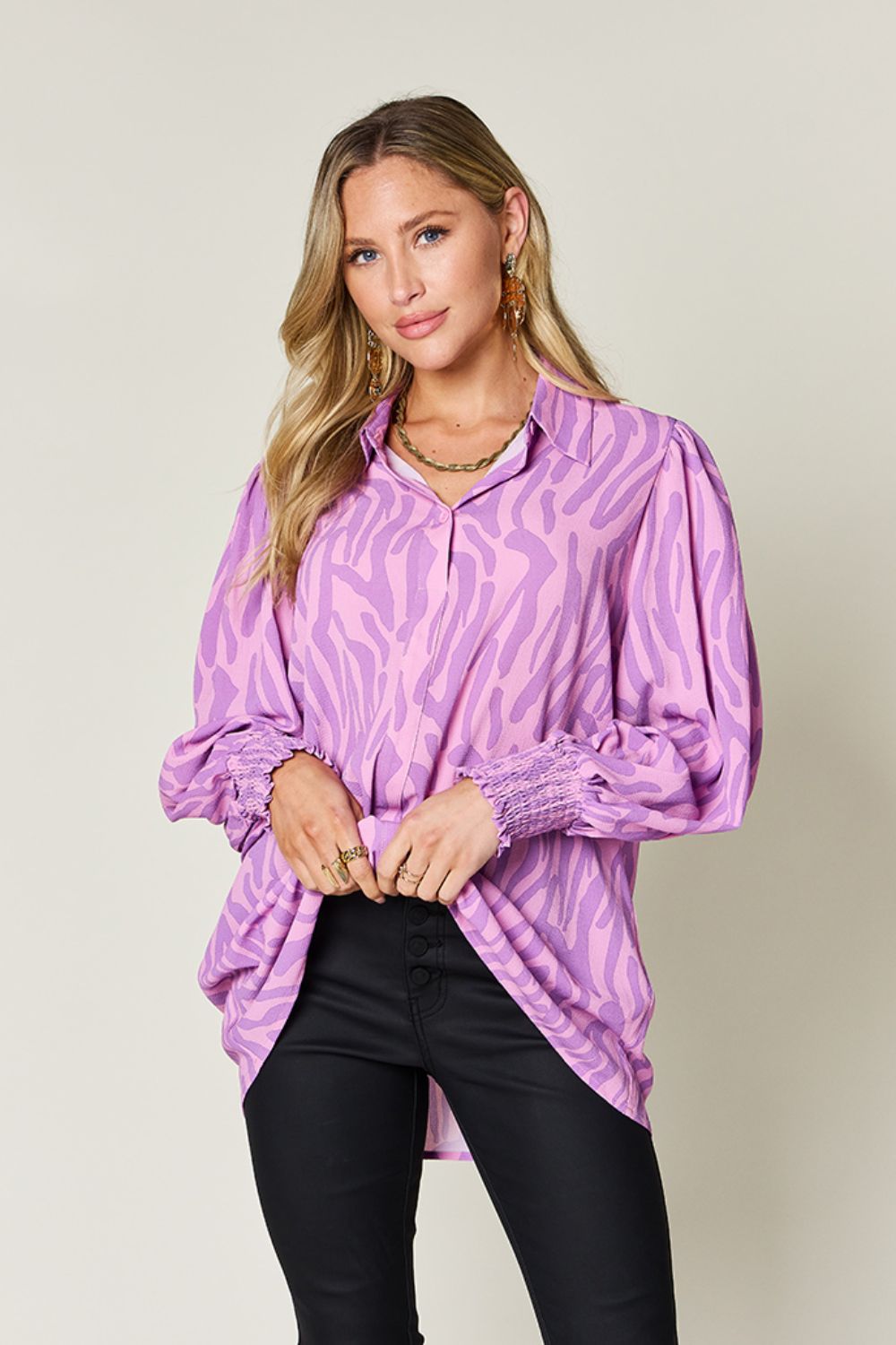 Double Take Printed Smocked Long Sleeve Blouse