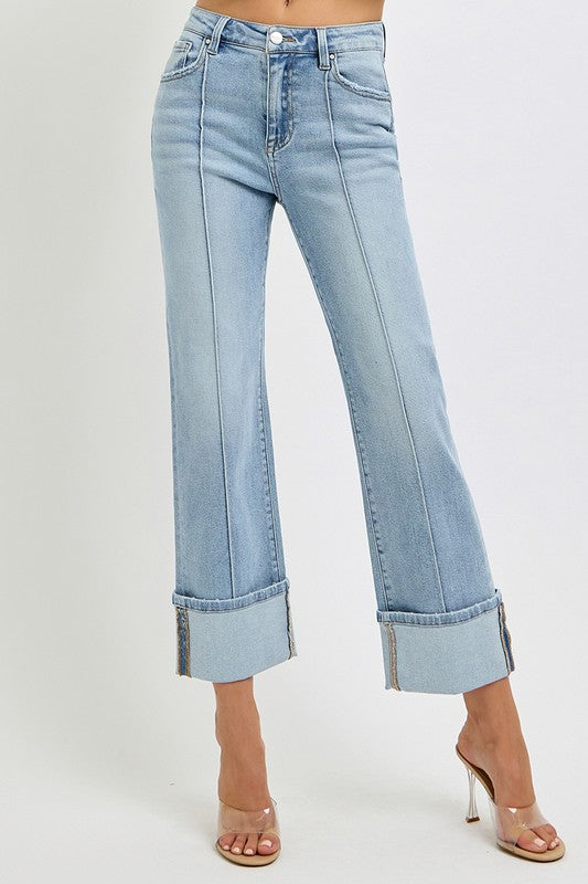 Ankle Straight Leg Cuffed Jeans