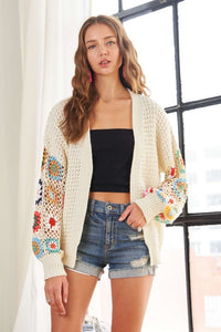 Contrast Crochet Open Front Long Sleeve Cardigan