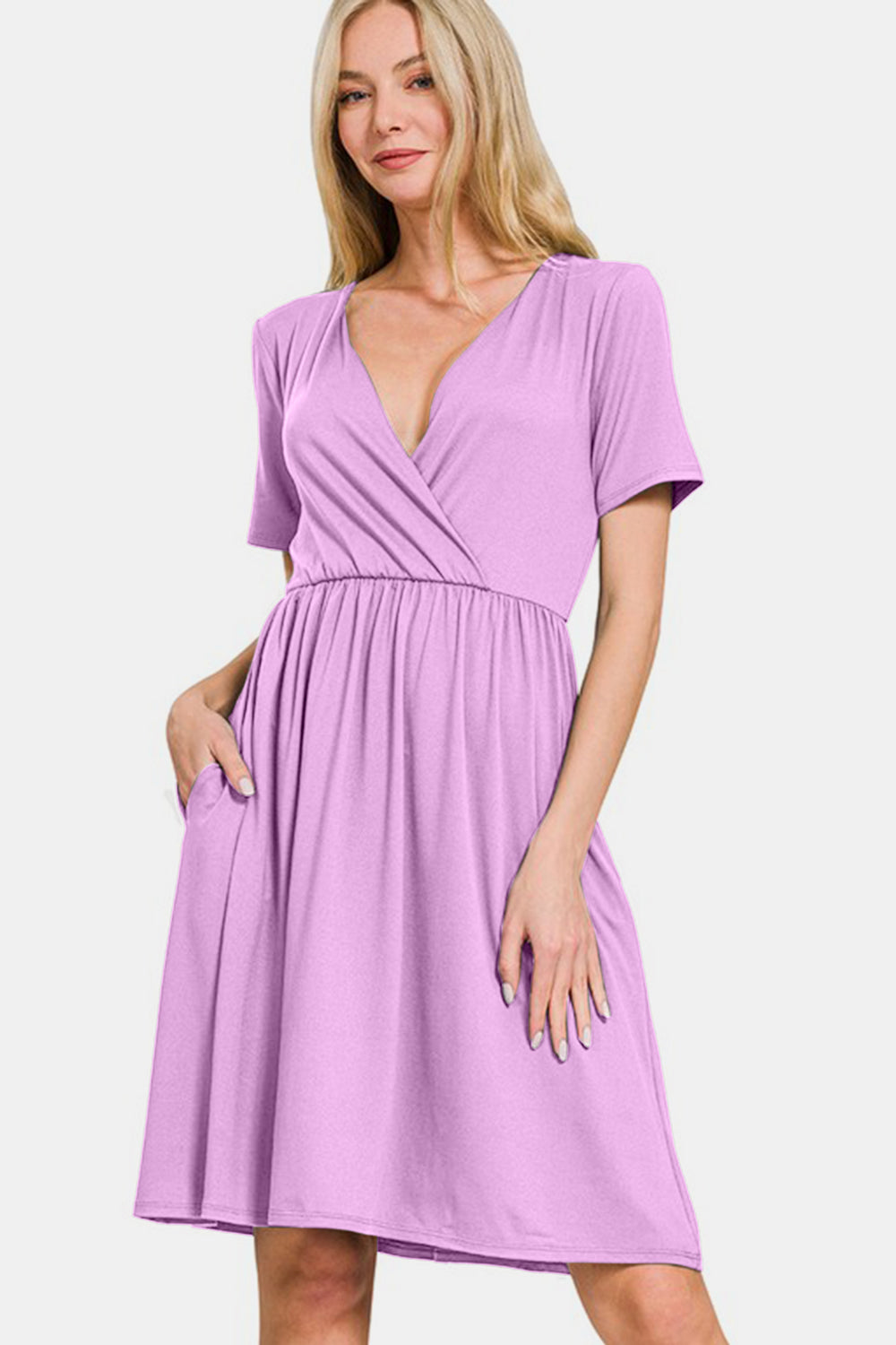 Surplice Short Sleeve Brushed DTY Dress