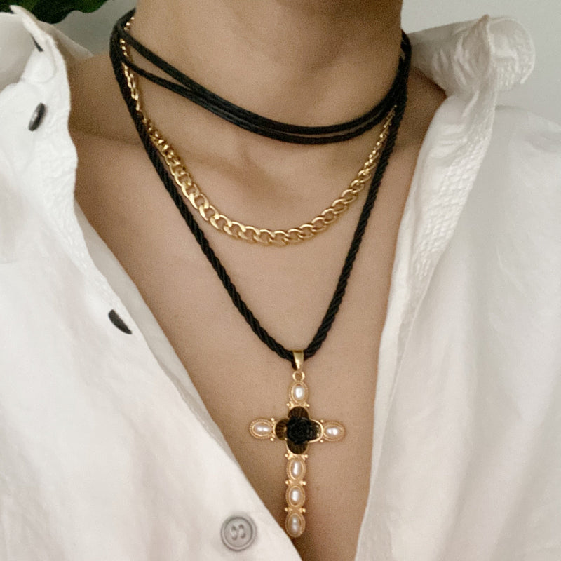 Layered Black Rose Cross Necklace