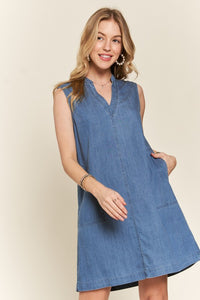 Notched Sleeveless Denim Dress with Pockets