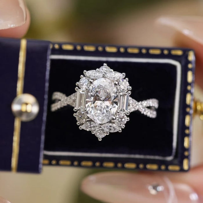 Sterling silver ring with 1 carat moissanite gemstone, elegant jewelry piece, showcasing sparkling brilliance and intricate band design