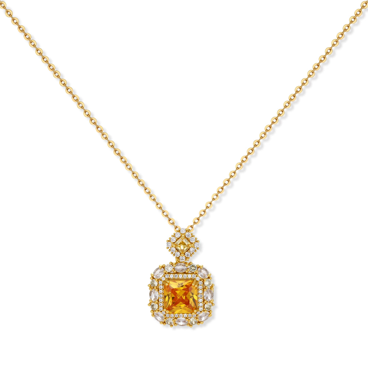 14K gold-plated jewelry set featuring square-cut cubic zirconia stones in ornate layered settings on white background.