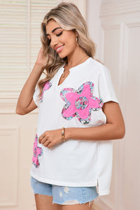 White Cute Floral Patch V-Neck Short Sleeve T-Shirt