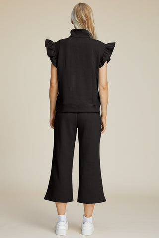 Double Take Texture Ruffle Short Sleeve Top and Wide Leg Pants Set