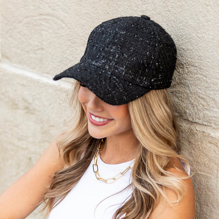 Aili's Corner Tweed Sparkle Ball Cap, stylish baseball cap with tweed fabric and subtle sparkle embellishments.