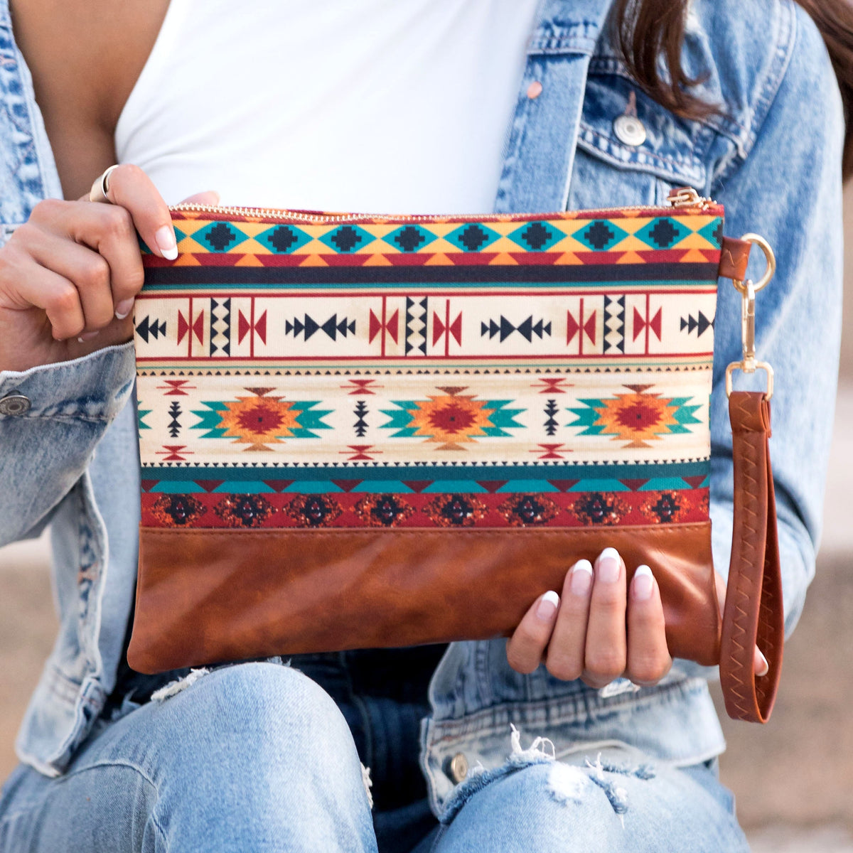 Aili's Corner Aztec Boho clutch bag with colorful woven pattern and zipper closure, perfect for casual or bohemian style accessories.