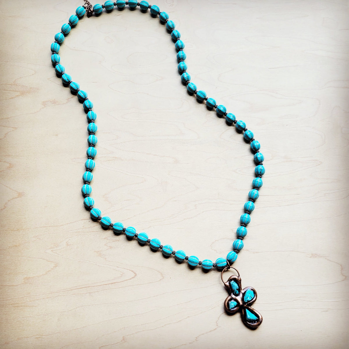 **Blue Turquoise Melon Beaded Necklace w/ Copper Cross 260g