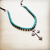 **Frosted Magnesite Beaded Necklace w/ Copper Cross 258i