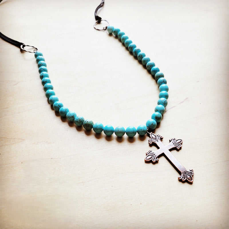 **Frosted Magnesite Beaded Necklace w/ Copper Cross 258i