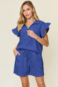 Trendsi double take textured flounce sleeve top and drawstring shorts set, showing the stylish two-piece outfit on a model.