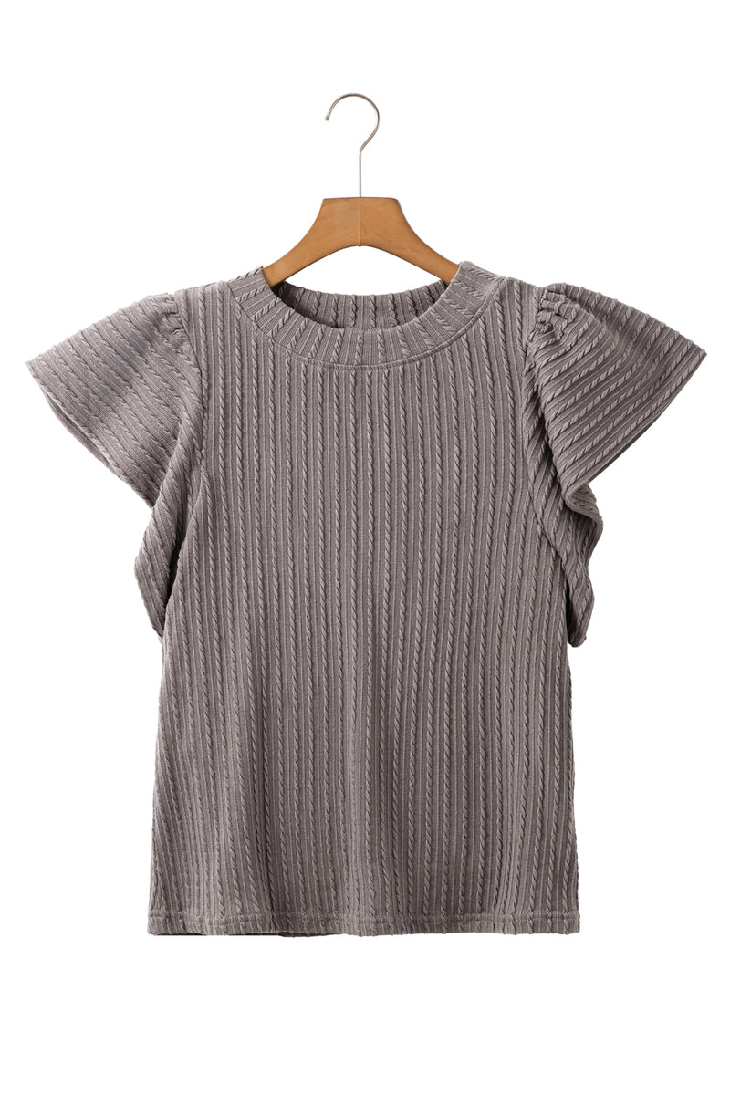 Sleet Solid Color Textured Ruffle Short Sleeve Knit Top