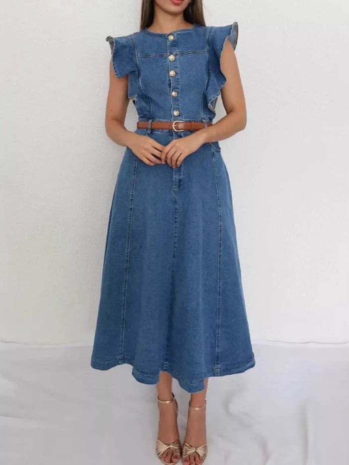 Ruffled button front denim dress by Trendsi featuring a classic fit, ruffled neckline, and front button closure.