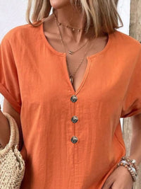 Trendsi notched short sleeve blouse in a light fabric, featuring a relaxed fit and subtle neckline detail.