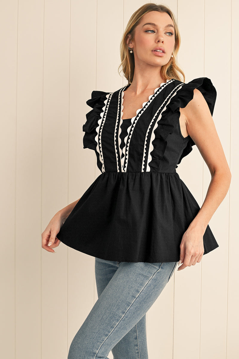 Black Ricrac V Neck Ruffle Sleeveless Blouse