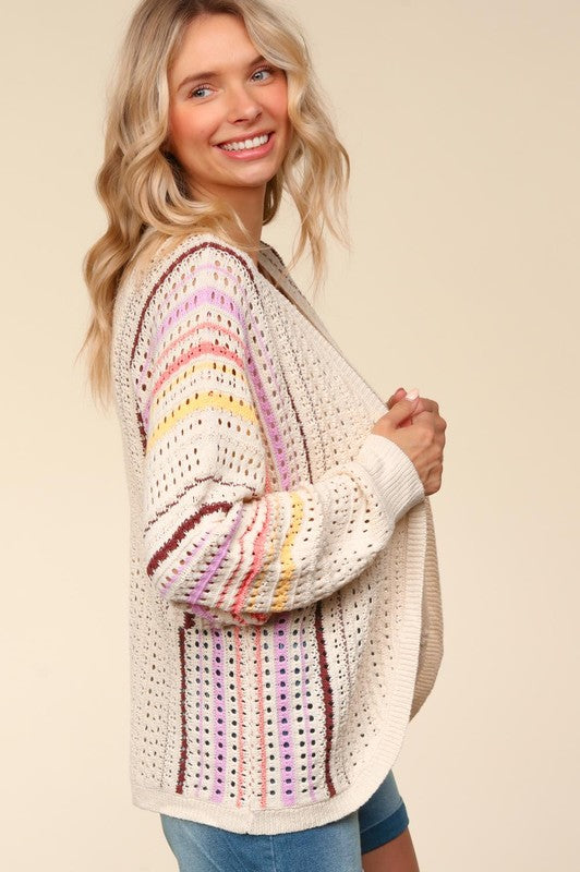 Haptics Striped Crochet Open Front Cardigan