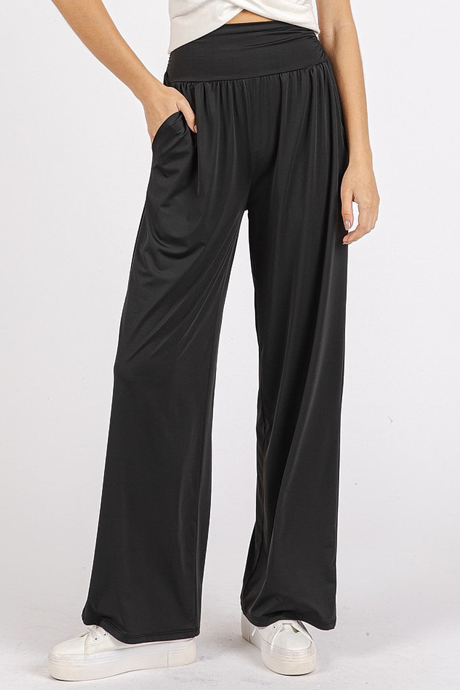 Stretch Banded Waist Wide Leg Pants with Pockets