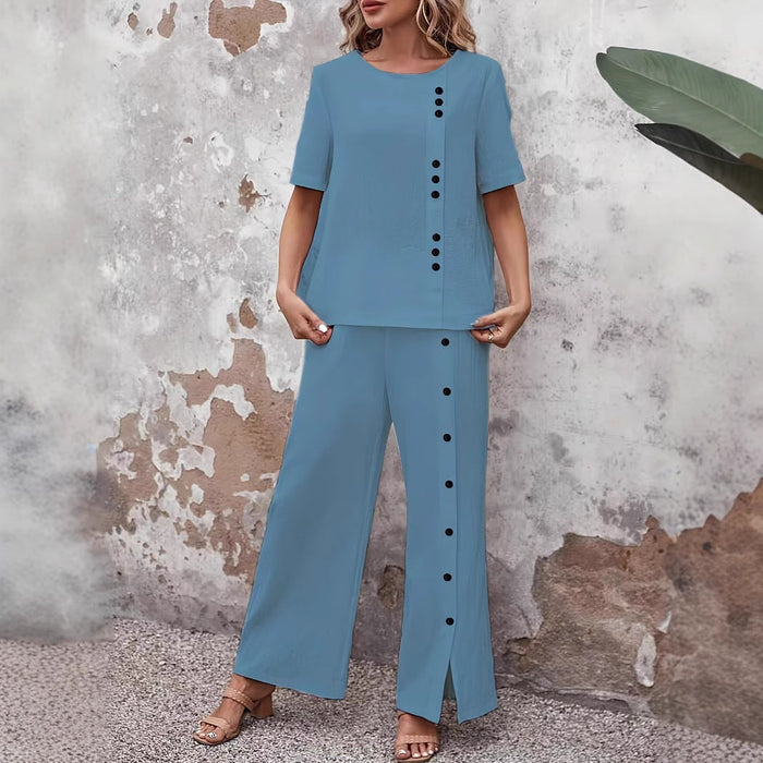 Women’s Button-Up Top and Loose Fit Two Piece Linen Set