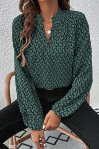 Khaki Geometric Print Notched Neck Long Sleeve Blouse