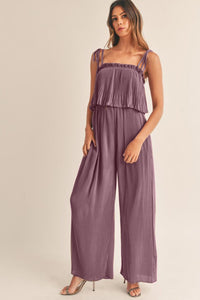 Rose Tan Solid Self Tied Straps Pleated Wide Leg Jumpsuit