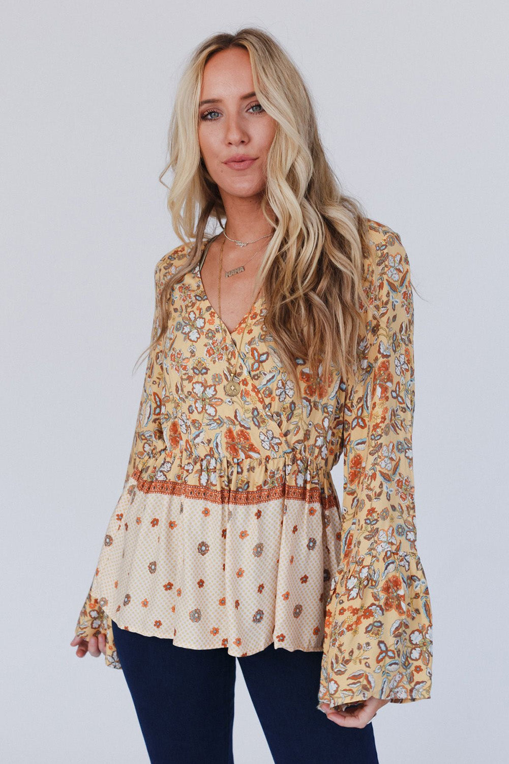 Yellow Floral V Neck Bell Sleeve Peplum Blouse