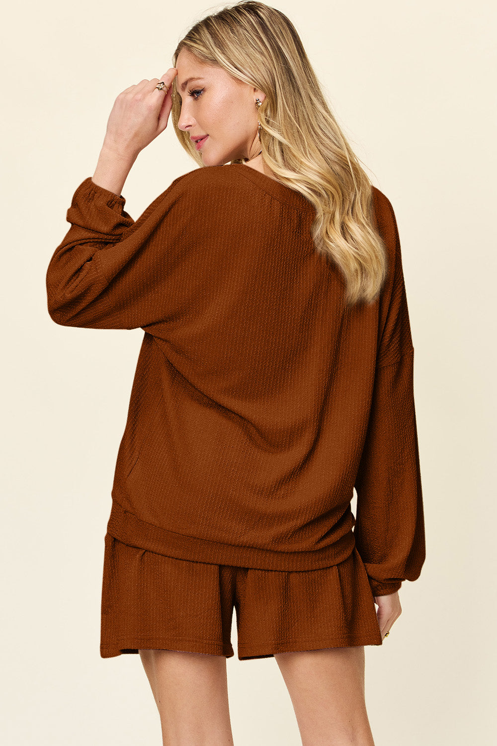 Double Take Texture V-Neck Long Sleeve T-Shirt and Shorts Set