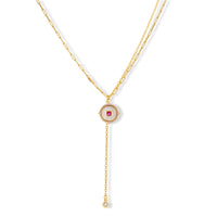 Gold-plated circular medallion necklace set with white enamel base and pink cubic zirconia accent stones
