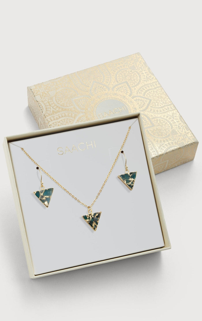 SAACHI Mojave Triangle mini earring and necklace jewelry set featuring geometric triangle designs in gold tone.
