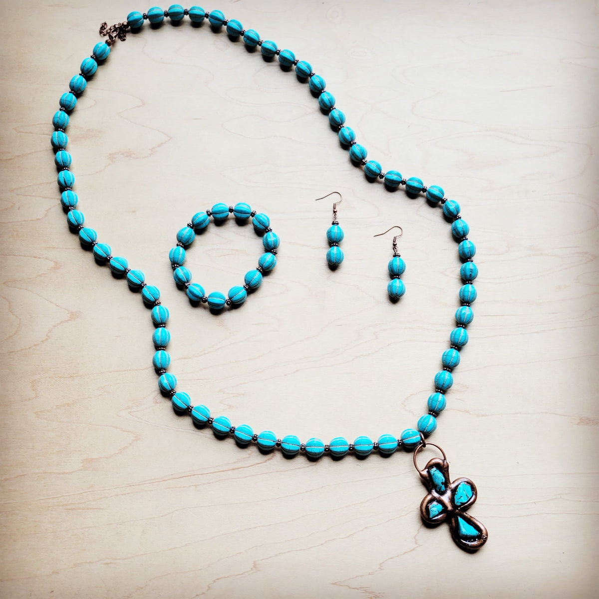 **Blue Turquoise Melon Beaded Necklace w/ Copper Cross 260g
