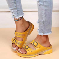 Open toe double buckle sandals by Trendsi featuring stylish straps and a comfortable sole, perfect for casual summer wear.