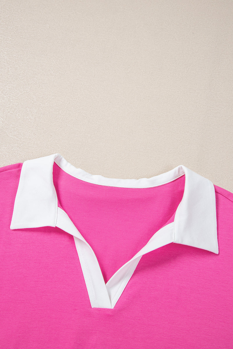 Pink Contrast Trim Collared Split Neck Plus Size Top